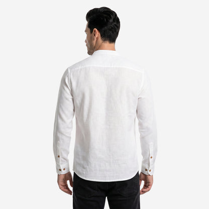 Men’s Linen Short Kurta | Solid White Mandarin Collar