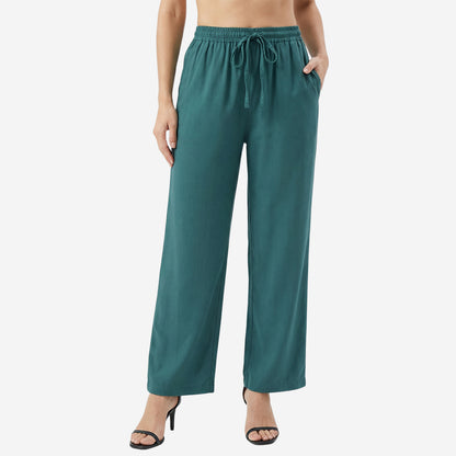Women Solid Woven Viscose Palazzo -Bottle Green