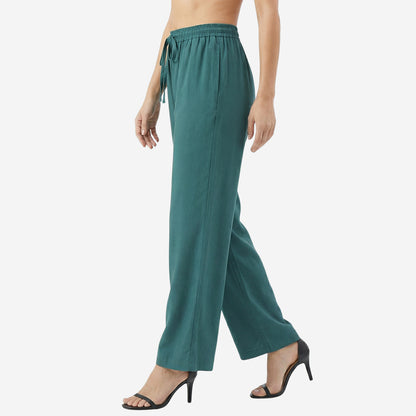 Women Solid Woven Viscose Palazzo -Bottle Green