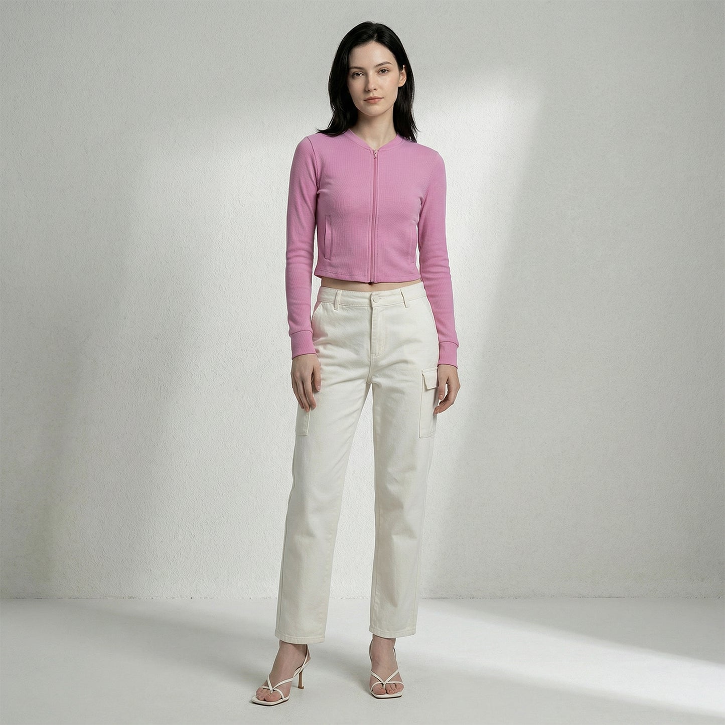 Women’s Pink Ribbed Zip-Up Cropped Jacket (Pack of 1)