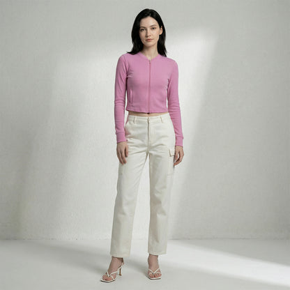 Women’s Pink Ribbed Zip-Up Cropped Jacket (Pack of 1)