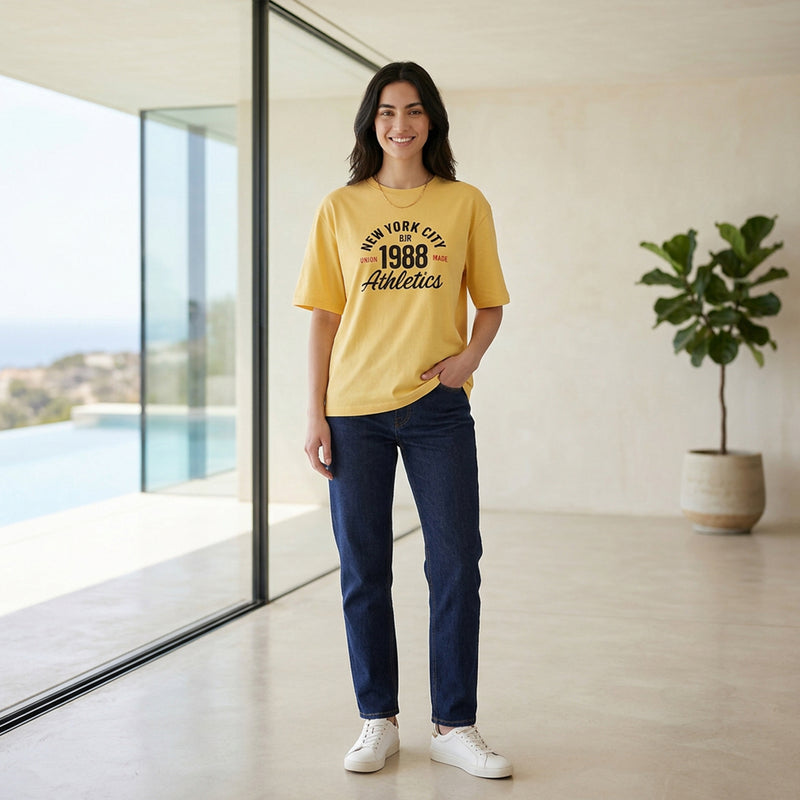 Women's Yellow Oversized Printed T-Shirt