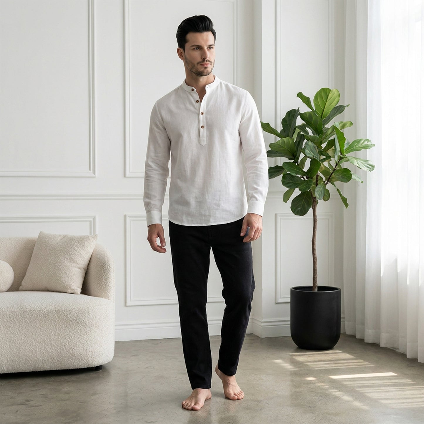 Men’s Linen Short Kurta | Solid White Mandarin Collar