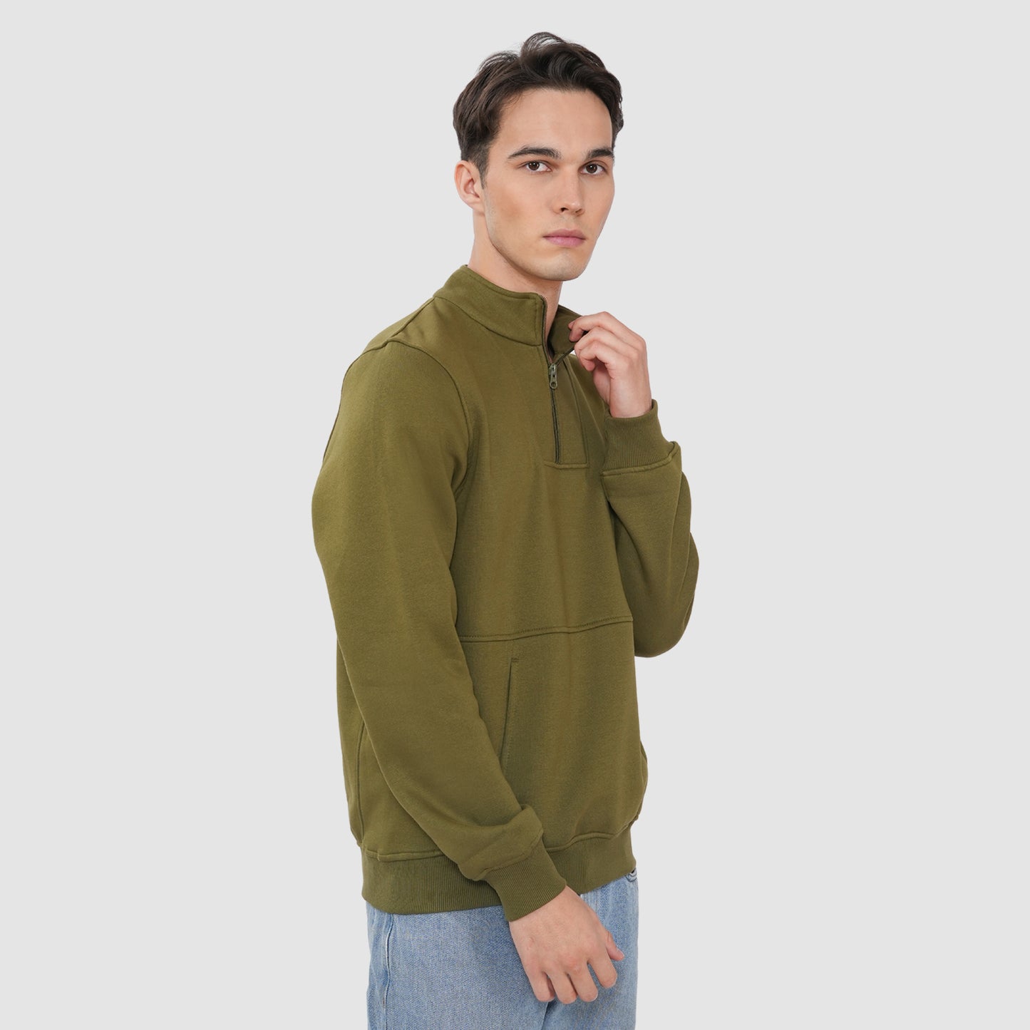 Bonjour Men’s Olive Half Zip Sweatshirt with Kangaroo Pocket