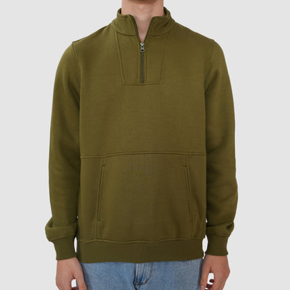 Bonjour Men’s Olive Half Zip Sweatshirt with Kangaroo Pocket