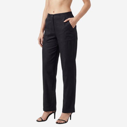 Women Linen Comfort Pants-(Black)