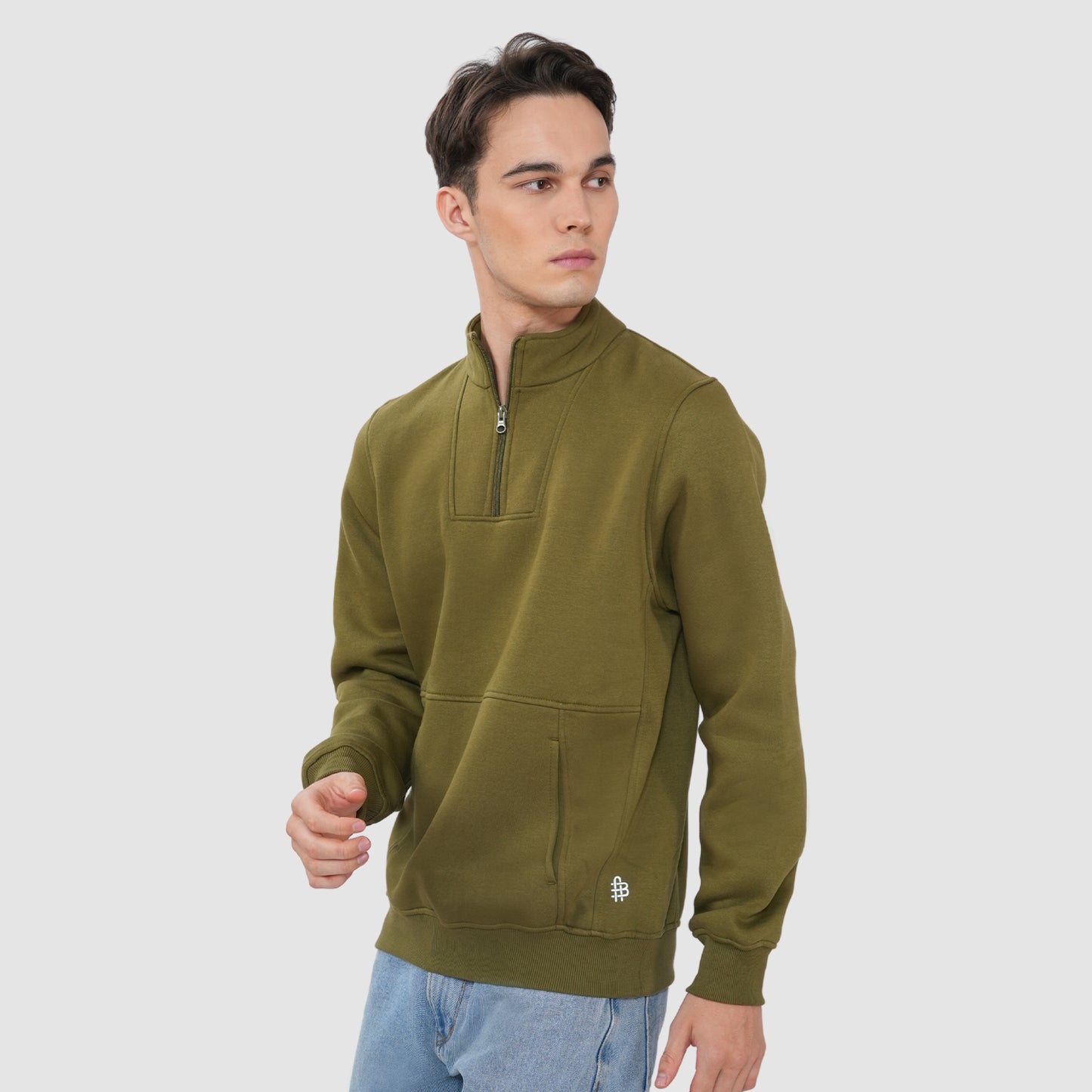 Bonjour Men’s Olive Half Zip Sweatshirt with Kangaroo Pocket