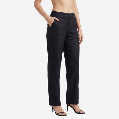Women Linen Comfort Pants-(Black)