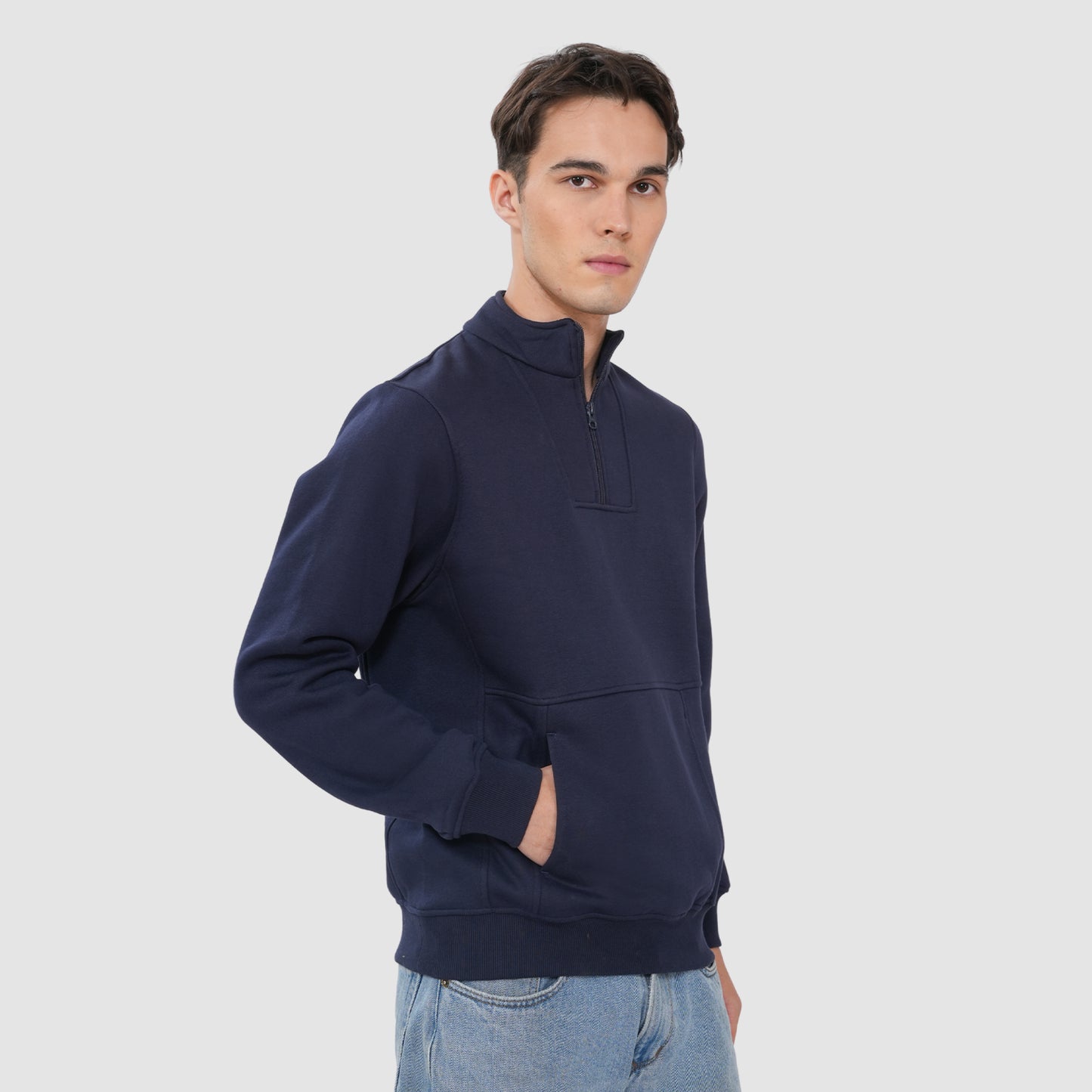 Bonjour Men’s Navy Blue Half Zip Sweatshirt with Kangaroo Pocket