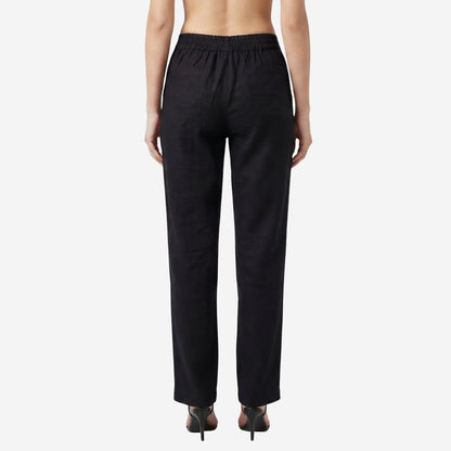 Women Linen Comfort Pants-(Black)
