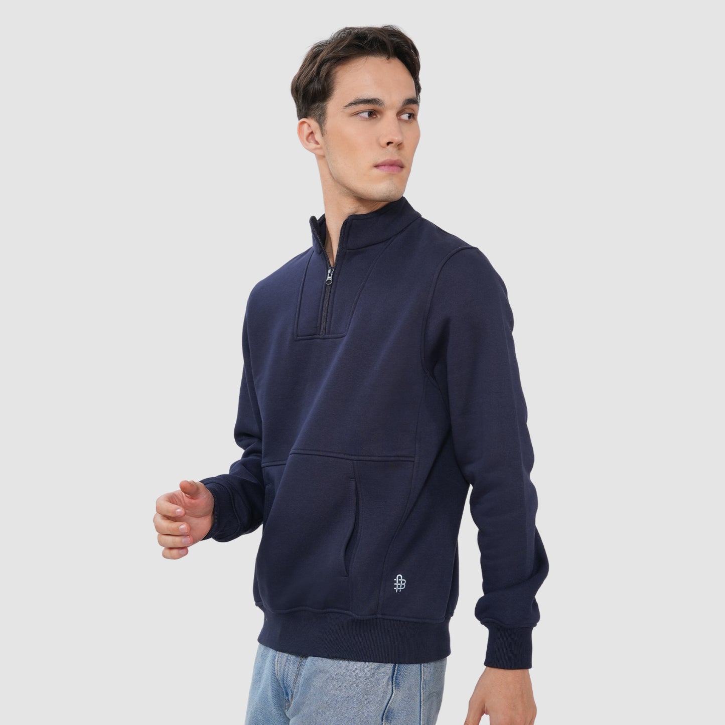 Bonjour Men’s Navy Blue Half Zip Sweatshirt with Kangaroo Pocket