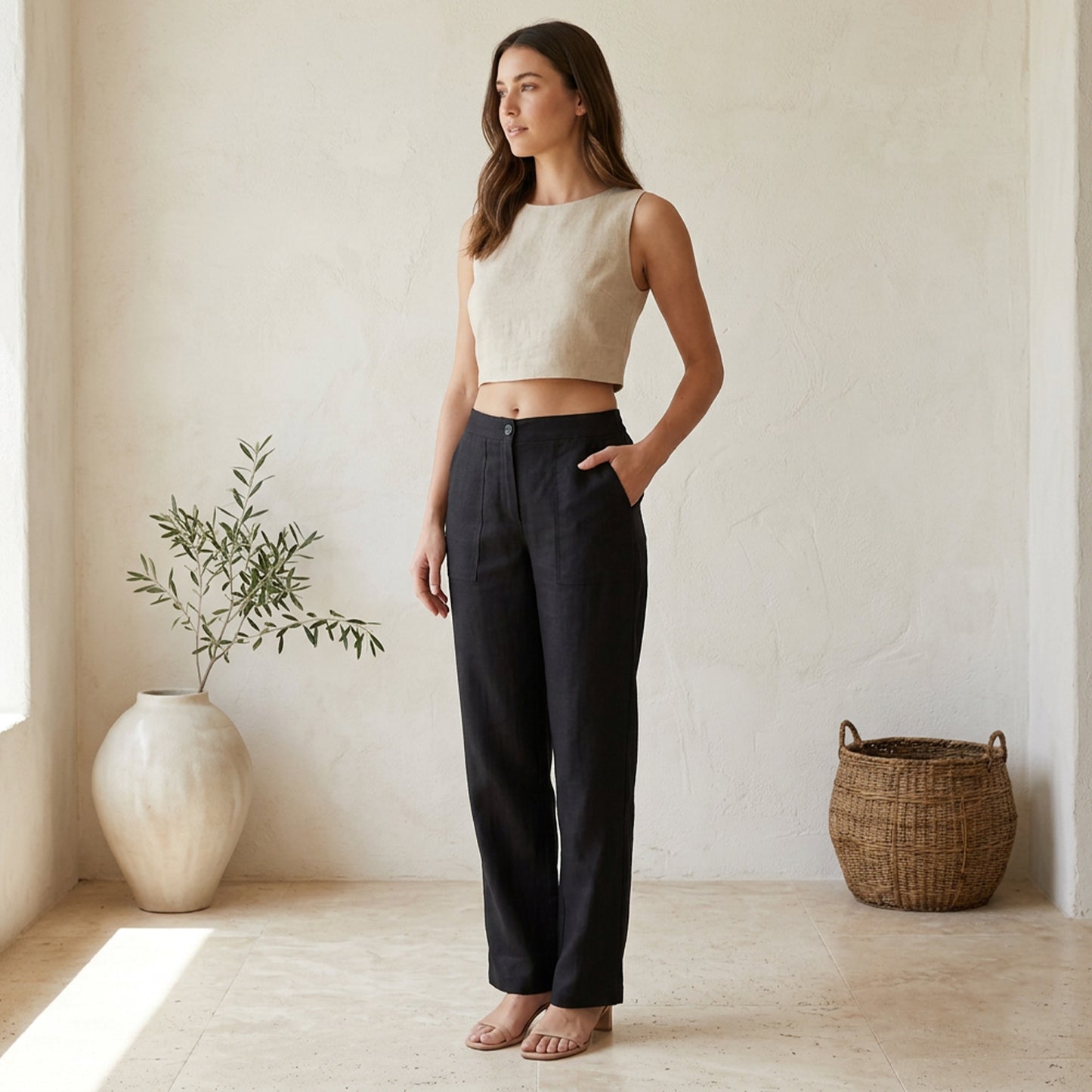 Women Linen Comfort Pants-(Black)