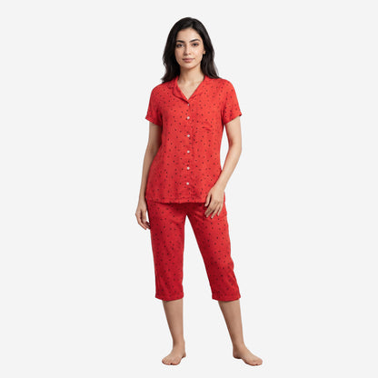 Women's Printed Shirt & Capri Night Suit Set (Red)