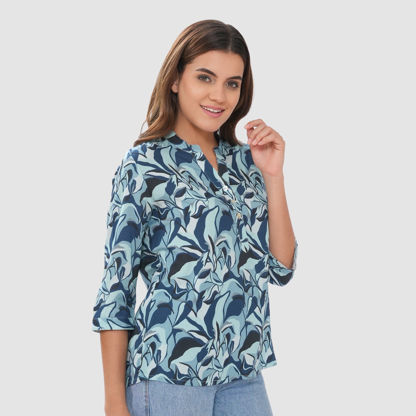 Women’s Printed Cotton Casual Top with 3/4 Sleeves & Button Placket