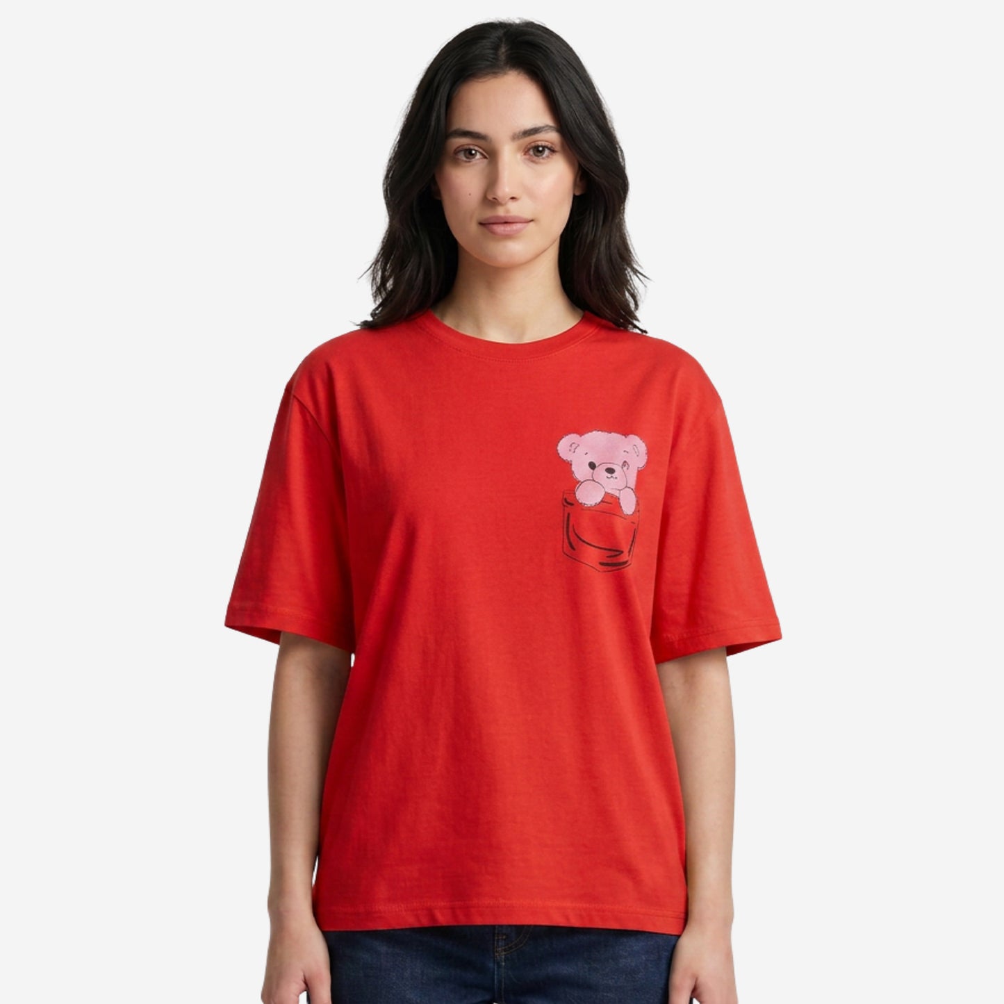 Women's True Red Oversized Printed T-Shirt
