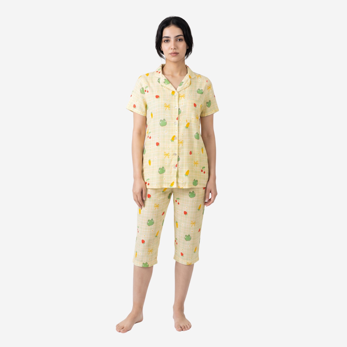 Women's Printed Shirt & Capri Night Suit Set (Oyster)