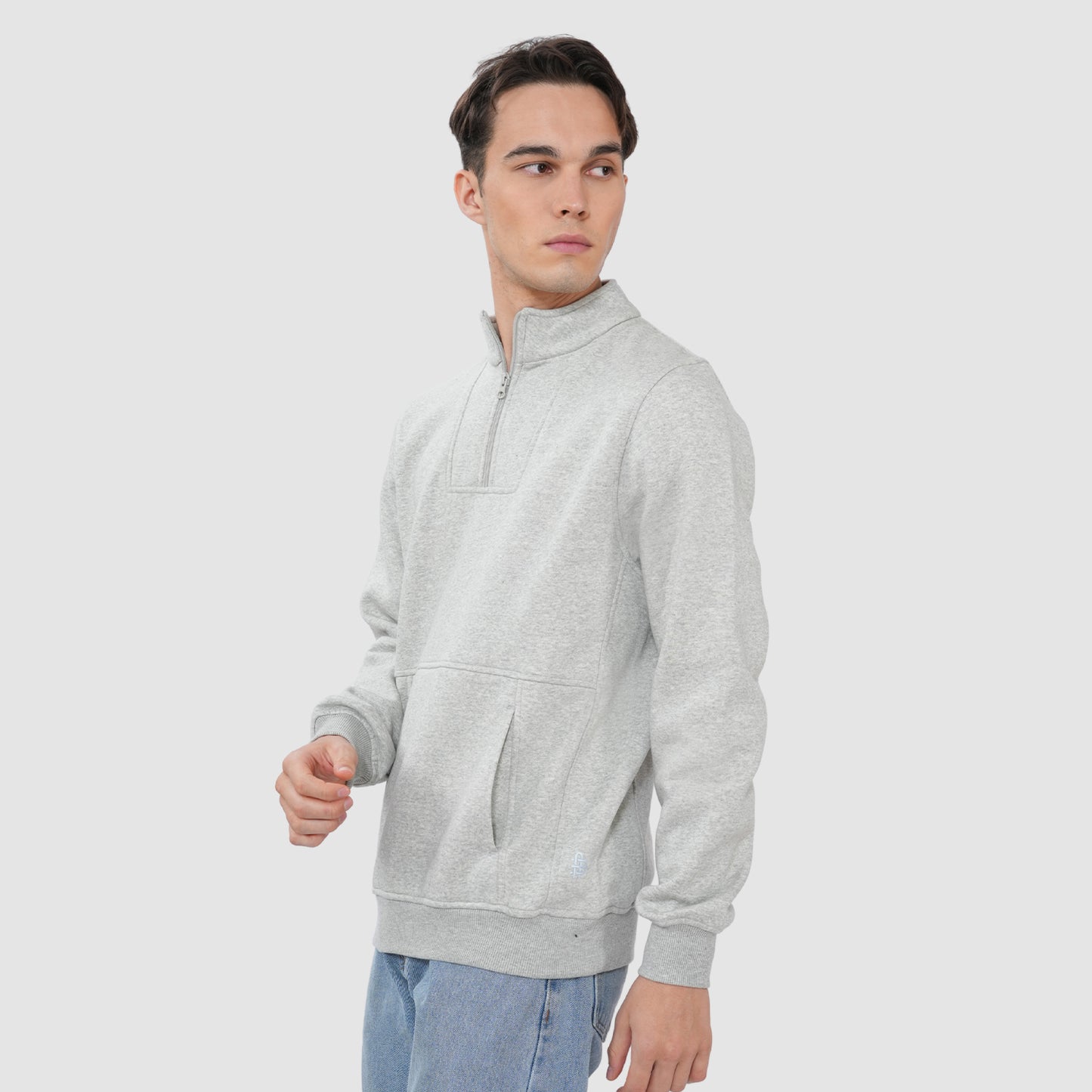 Bonjour Men’s Grey Half Zip Sweatshirt with Kangaroo Pocket