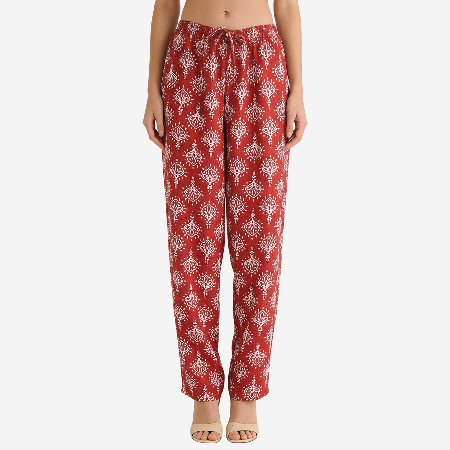 Women Printed Rayon Relaxed-Fit Lounge Pyjama Pants - Maroon