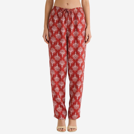 Women Printed Rayon Relaxed-Fit Lounge Pyjama Pants - Maroon