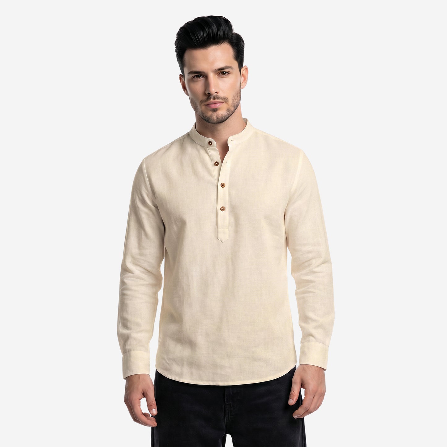 Men’s Linen Short Kurta | Solid Cream Mandarin Collar