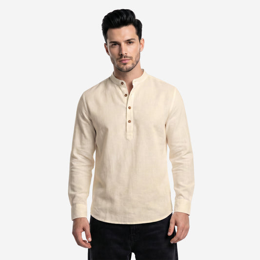 Men’s Linen Short Kurta | Solid Cream Mandarin Collar