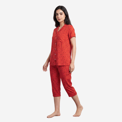 Women's Printed Shirt & Capri Night Suit Set (Red)