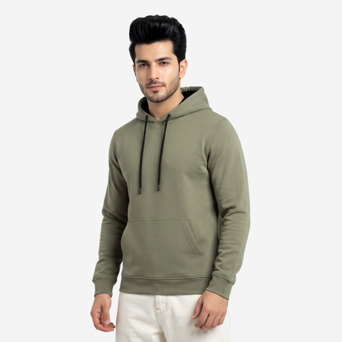 Men's Solid Beige Polyester Hoodie for Winter | Lightweight Pullover Sweatshirt with Hood, Black Drawstrings, Kangaroo Pocket & Full Sleeves
