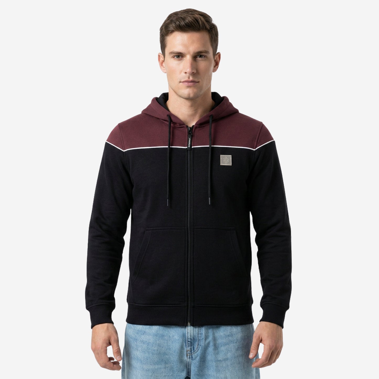 Relaxed Fit Printed Zip-Through Hoodie for Men (Black)