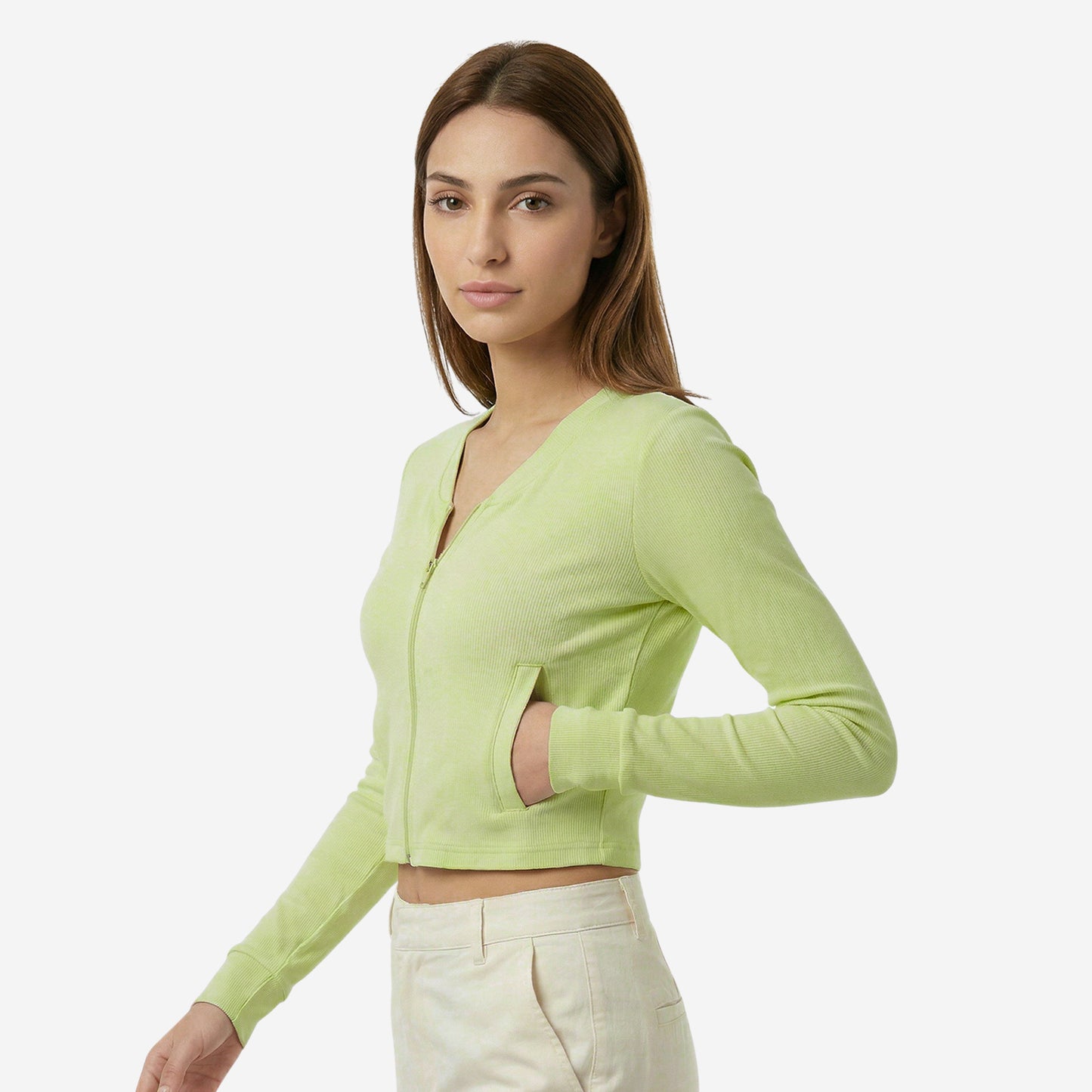 Women’s Forest Green Ribbed Zip-Up Cropped Jacket (Pack of 1)