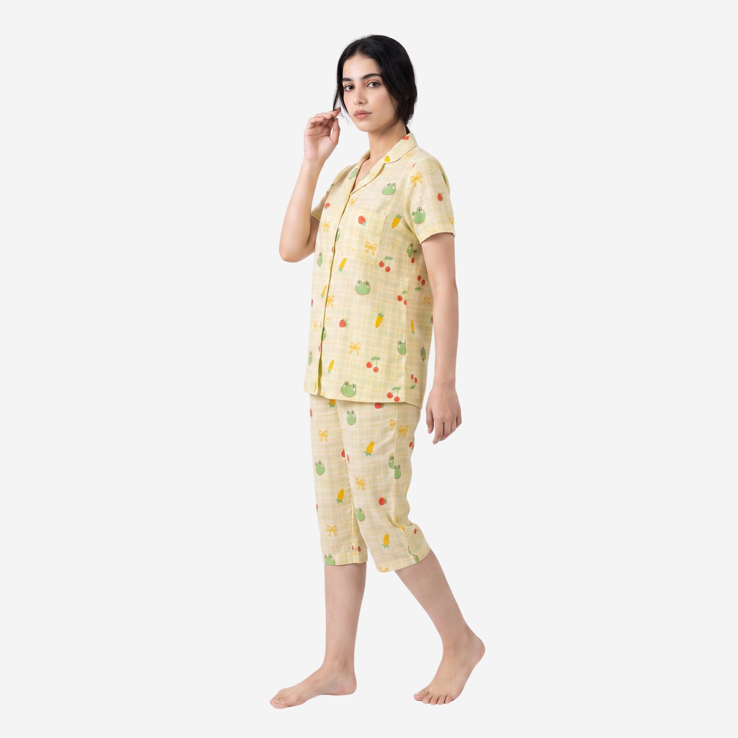 Women's Printed Shirt & Capri Night Suit Set (Oyster)