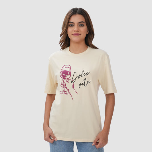 Women Knitted Fabric Regular Fit Half Sleeve Tee/T-shirt - Butter Milk