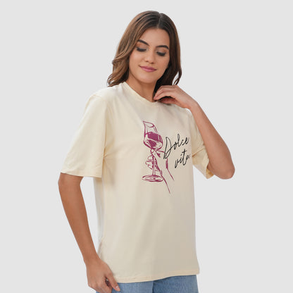 Women Knitted Fabric Regular Fit Half Sleeve Tee/T-shirt - Butter Milk