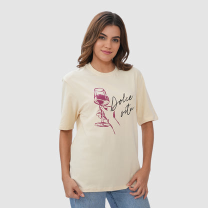 Women Knitted Fabric Regular Fit Half Sleeve Tee/T-shirt - Butter Milk