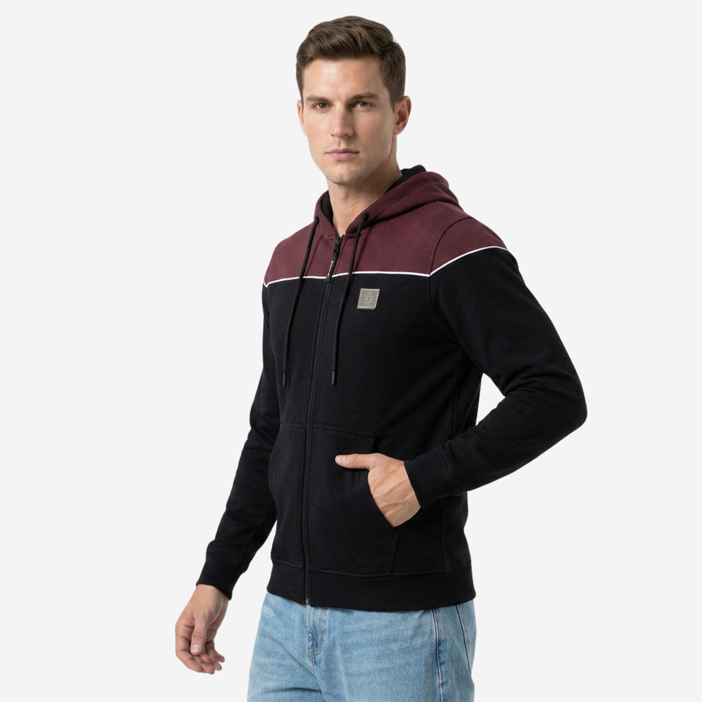 Relaxed Fit Printed Zip-Through Hoodie for Men (Black)