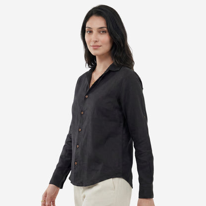 Women Linen Comfort Shirt - (Black)