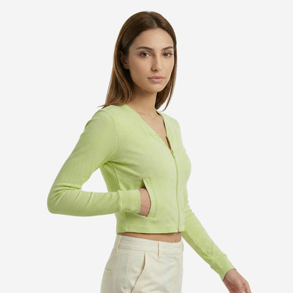 Women’s Forest Green Ribbed Zip-Up Cropped Jacket (Pack of 1)