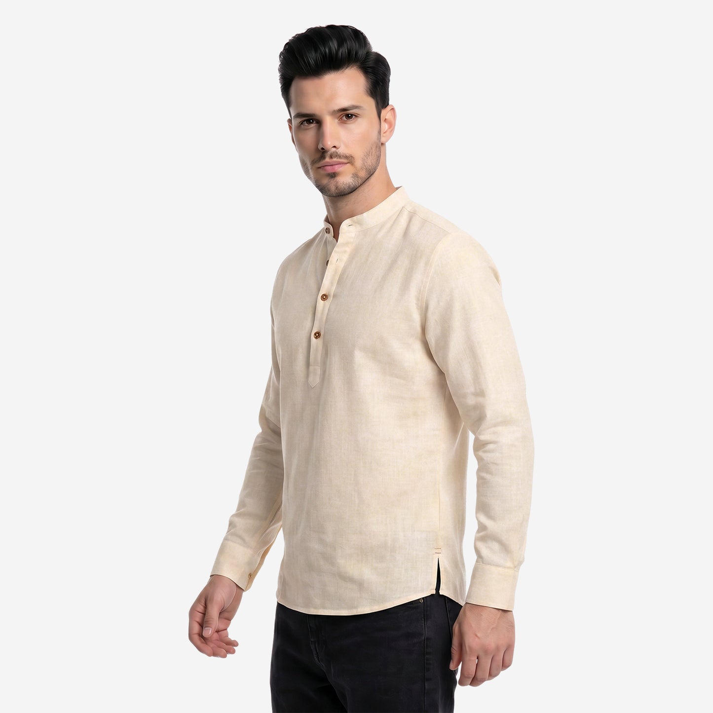 Men’s Linen Short Kurta | Solid Cream Mandarin Collar