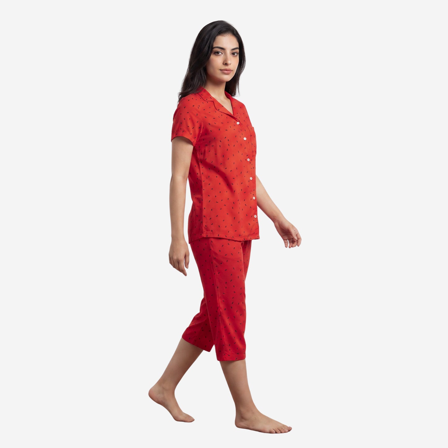 Women's Printed Shirt & Capri Night Suit Set (Red)