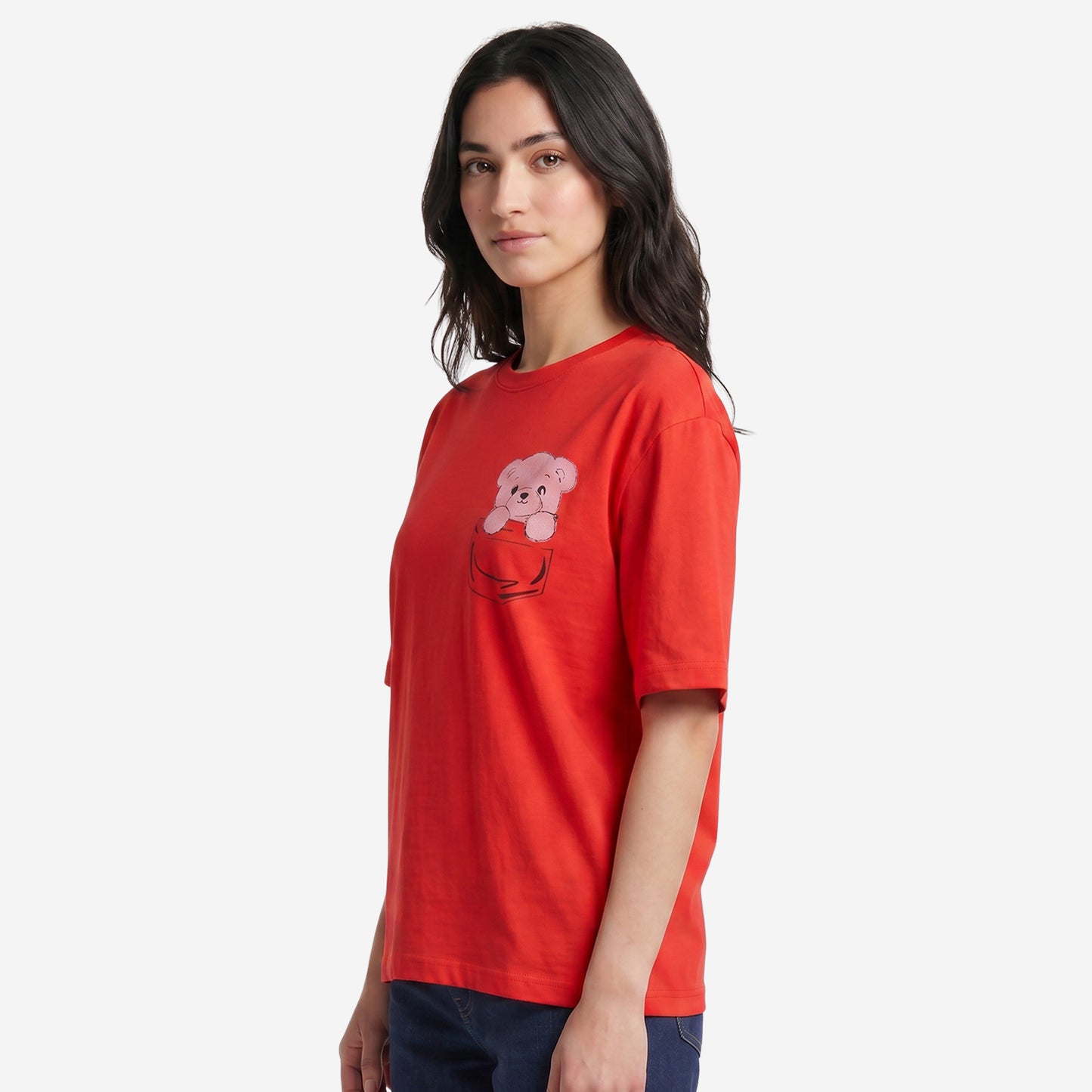 Women's True Red Oversized Printed T-Shirt