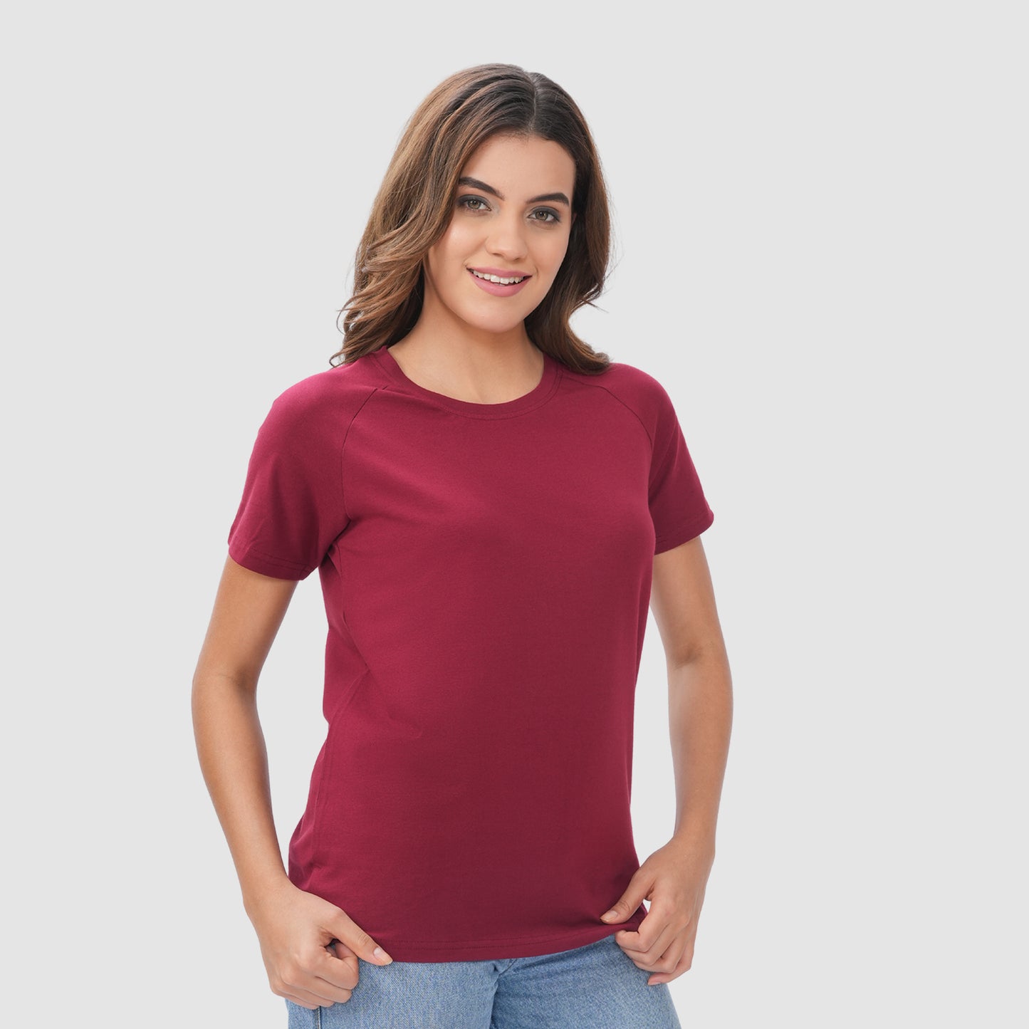 Women Knitted Fabric Regular Fit Short Sleeve Tee/T-shirt - Maroon
