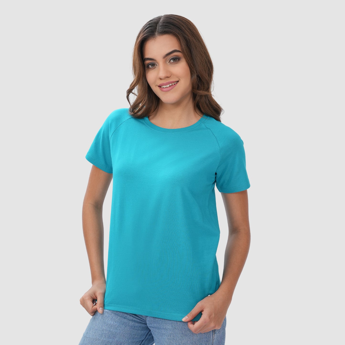 Women Knitted Fabric Regular Fit Short Sleeve Tee/T-shirt - Water Green