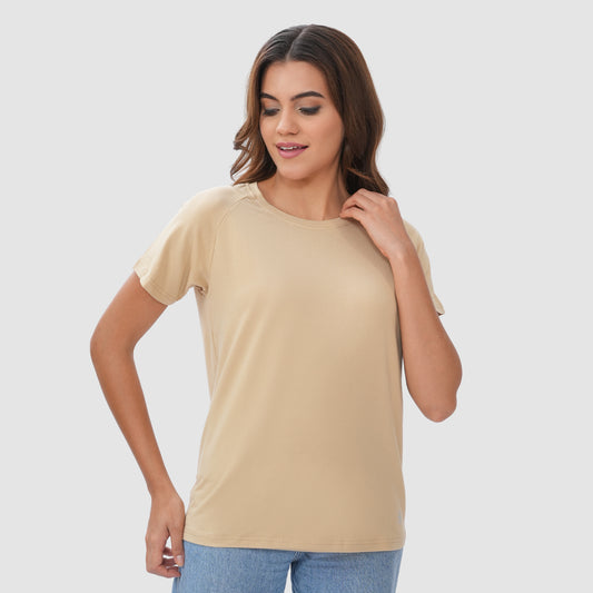 Women Knitted Fabric Regular Fit Short Sleeve Tee/T-shirt - Natural Tan