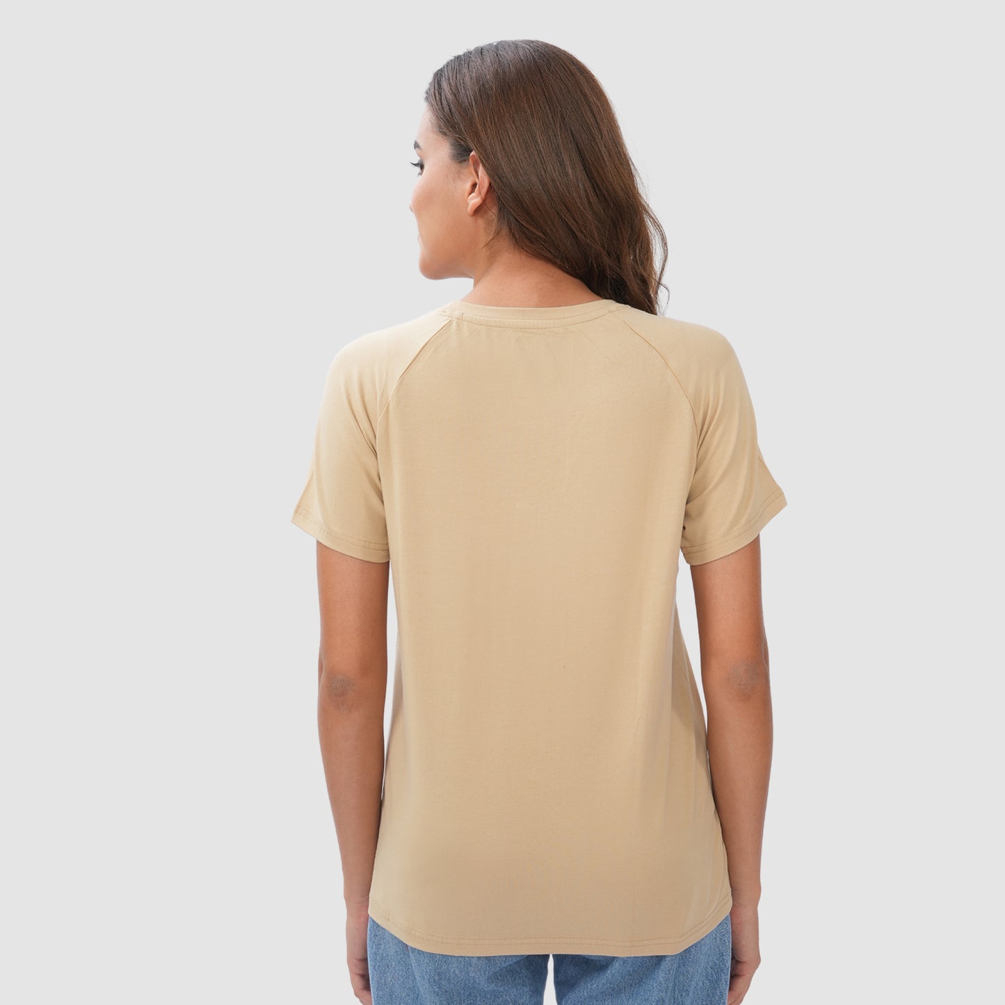 Women Knitted Fabric Regular Fit Short Sleeve Tee/T-shirt - Natural Tan