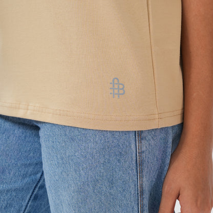Women Knitted Fabric Regular Fit Short Sleeve Tee/T-shirt - Natural Tan