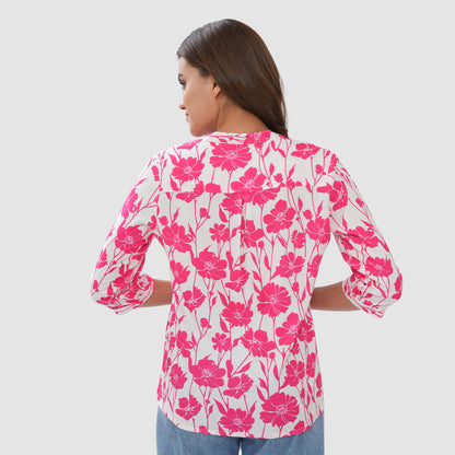 Women’s Printed Cotton Casual Top with 3/4 Sleeves & Button Placket
