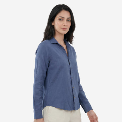 Women Linen Comfort Shirt - (Denim Blue)