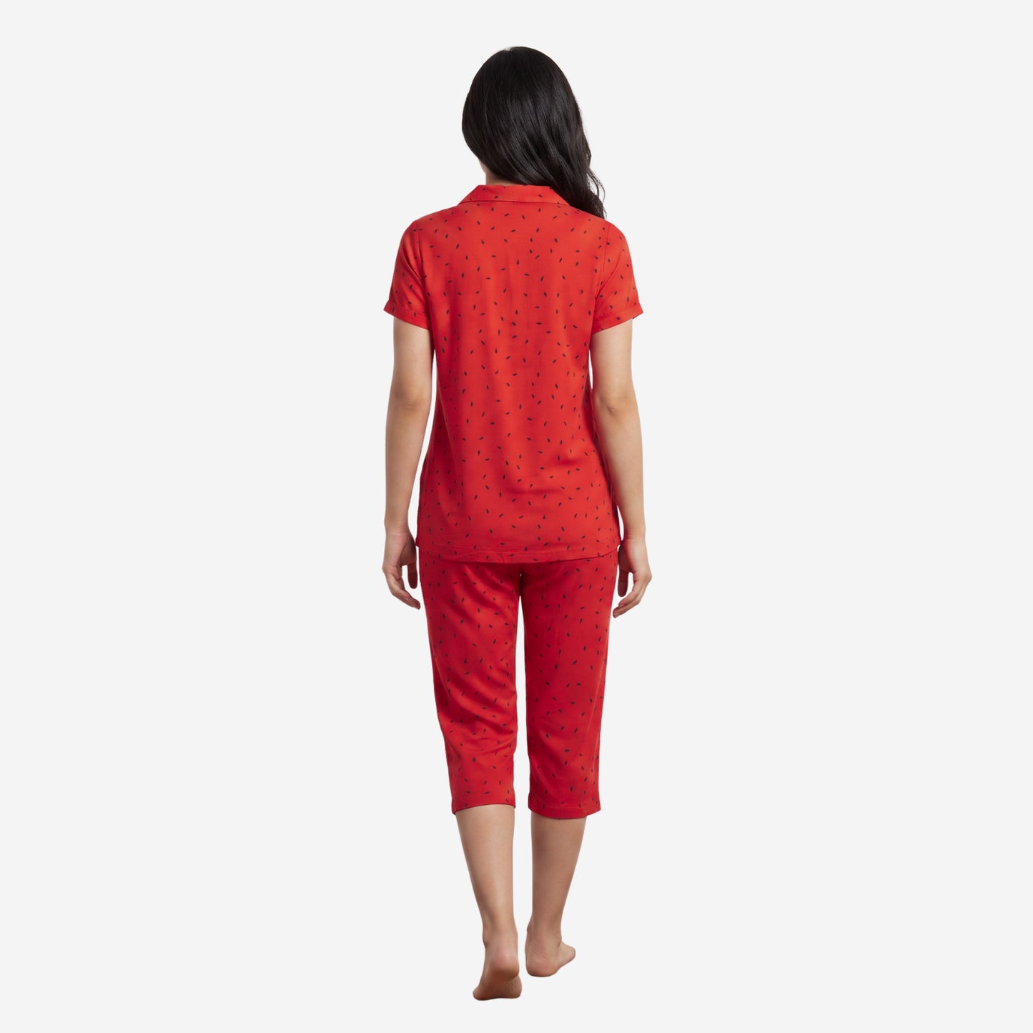 Women's Printed Shirt & Capri Night Suit Set (Red)