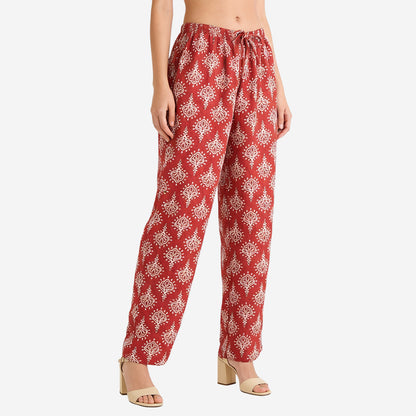 Women Printed Rayon Relaxed-Fit Lounge Pyjama Pants - Maroon