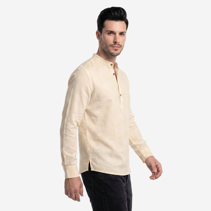 Men’s Linen Short Kurta | Solid Cream Mandarin Collar
