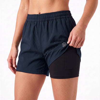 Bonjour Women's Polyester Blend Dual Layer Sports Shorts with Inner Tight | | Running Shorts with Inner Drawstring.